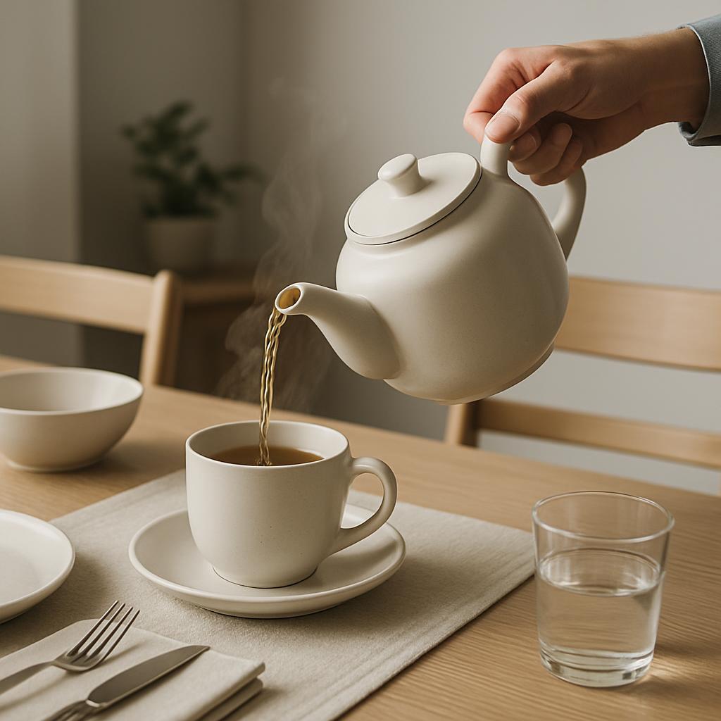 Une tasse de thé est remplie d'un liquide fumant, avec une composition, au bas du bol, connu comme un thé de lys.