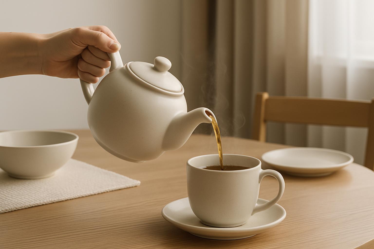 Visual description: A white teapot pouring tea into a white cup on a wooden table.